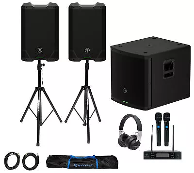 (2) Mackie SRT210 10” 1600 Watt Powered DJ PA Speakers+Stands+Sub+Headphones+Mic • $1850