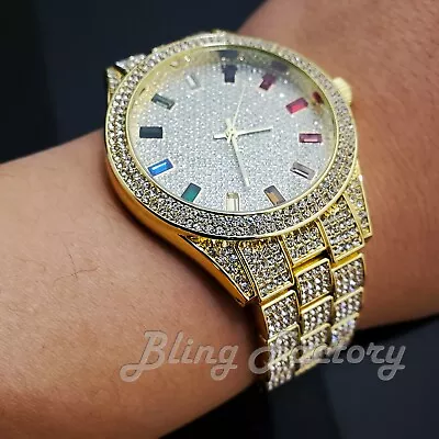 Men's Iced Luxury Multi Color Accent Bling Gold Tone Lab Diamond Bracelet Watch • $29.99