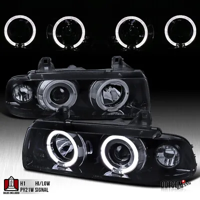 Fit 1992-1998 BMW E36 3-Series 2/4Dr Black Smoke LED Halo Projector Headlights • $156.99