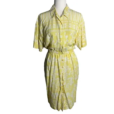 Vintage 80s Button Up Shirt Dress M Yellow Floral Short Sleeve Elastic Pockets • $28