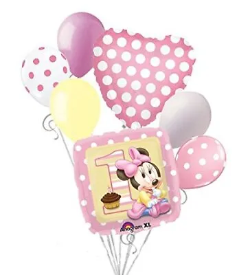 7 Pc 1st Birthday Minnie Mouse Baby Balloon Bouquet Decoration Happy Birthday • £10.69