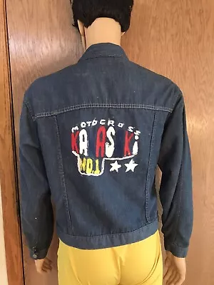 Men VTG Motorcross Kawasaki Cycle Biker Denim Jacket Blue Jean 1970s Rebel Motor • $75