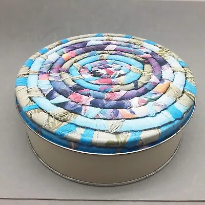 Fruit Cake Candy Cookie Button Storage Tin 7.25  Lithograph Top Coiled Rag Rug • $12.46