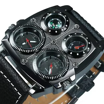 OULM Men Dual Time Zone Military Watch Decorative Compass Big Dial Leather Watch • $14.20