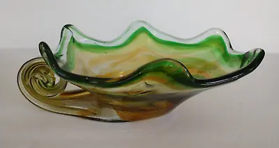 Vintage Murano Amber Green Swirl Art Glass Trumpet Vase Candy Dish Hand Blown • $35