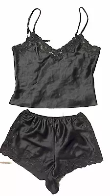 Victorias Secret 2 Piece Pajamas Tank Top & Short Bottoms Black & Lace Silky Med • $5.25