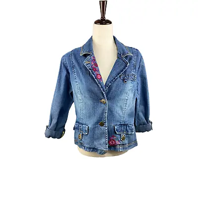 Vintage Ruff Hewn Floral Embroidered Denim Jean Jacket Size L • $28.49