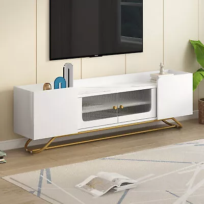 TV Console Table TV Stand Fluted Glass Modern Entertainment Center Faux Marble • $154.12