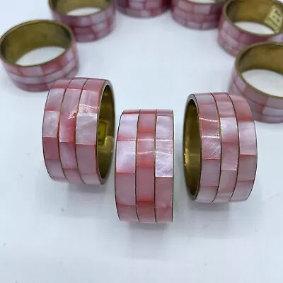 Vintage Set Pink Mother Of Pearl Inlay Brass Napkin Rings 9 In Set – Pretty! • $29.95