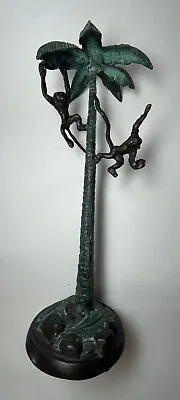 Tall Bronze Candlestick Holder Monkeys In Palm Tree 16  • $25