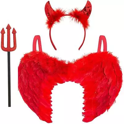 £12.49 • Buy Devil Set Red Feather Angel Wings Sequin Horns Pitchfork Halloween Fancy Dress