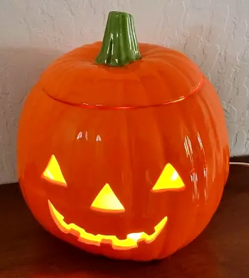 Vintage 1990's Lighted 10  High Halloween Glazed Ceramic Pumpkin Jack-O-Lantern • $39.99