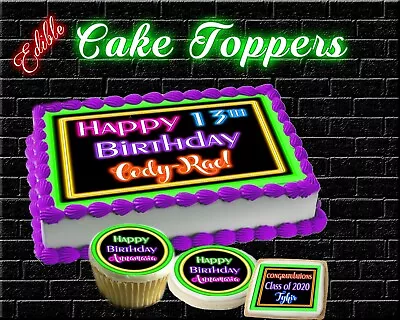 Neon Sign Birthday Cake Topper Edible Paper Sugar Sheet Cupcakes Picture Sticker • $7