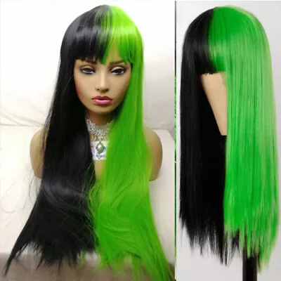 Cosplay Wig Half Green Half Black Synthetic Long Straight Wigs With Bangs Soft • $18.04