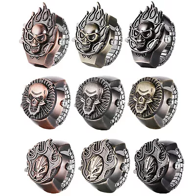 Men Women Finger Watch Punk Skull Flip-Open Cover Quartz Analog Ring Watches • $10.99