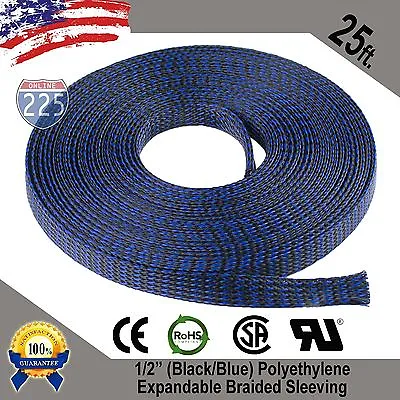 25 FT 1/2  Black Blue Expandable Wire Sleeving Sheathing Braided Loom Tubing US • $13.45