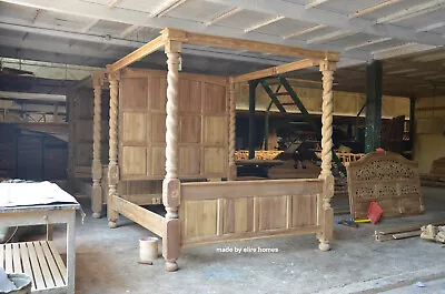 £3000 • Buy 6' Natural TEAK WOOD English Elizabethan Paneled Tudor  Four Poster Canopy Bed 