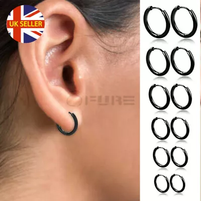 Men Women Black Tone Clip Closure Hoop Cartilage Huggie Sleeper Earrings 8-20MM • £3.49