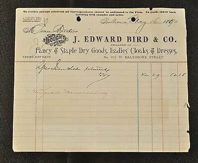 1890 J Edward Bird & Co Dry Goods Cloaks Dresses Billhead Receipt Baltimore MD • $15