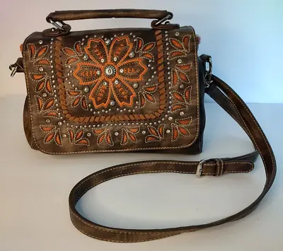 Montana West Brown Leather Rust Colored Embroidered Crossbody Purse Studs  Clean • $21