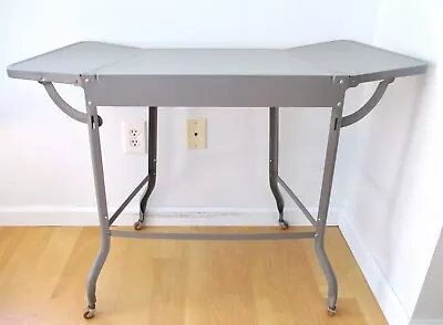 Vtg MCM Industrial Steampunk Drop Leaf Gray Metal Rolling Typewriter Table Flare • $95