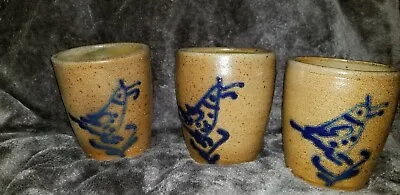 B Stebner Pottery Hartville Ohio Stoneware Mugs Cobalt Blue Birds Salt Glaze (3) • $125.39
