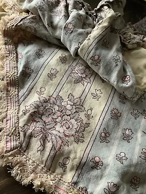 Antique French Valance Faded Floral Stripe Printed Linen Fabric 1900 2 Piece • $150