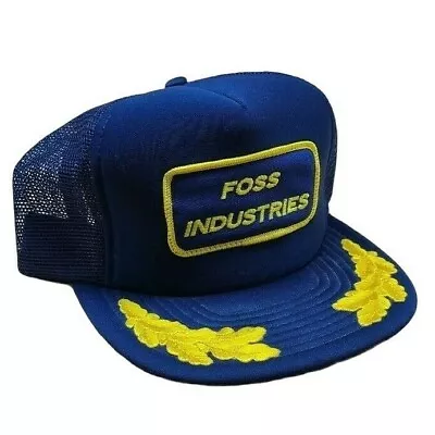 Vintage Trucker Hat Foss Industries Engineering Mesh Snapback Embroidered Blue • $14.23