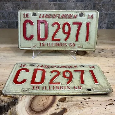Vintage Illinois 1968 License Plate Set # CD2971 Land Of Lincoln Red & White • £18.28