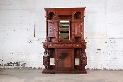 19th Century Ornate French Oak Sideboard Hutch Or Bar Cabinet With Carved Faces • $3595