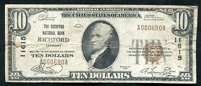 1929 $10 The Richford Nb Richford Vt National Currency Ch. #11615 • $399.95