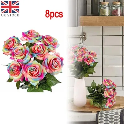 8Pcs Rainbow Artificial Rose Colorful Fake Flowers Bouquet Home Party Decoration • £11.35