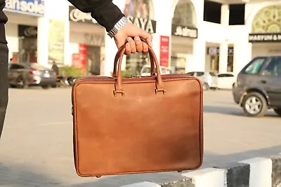 Laptop Bag Leather Top Grain Waxy Oily Vintage Style Brown • $150.99