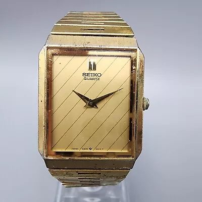 VTG Seiko Watch Men 26mm Gold Dial Gold Tone Rectangle 6530-5819 New Battery • $39.99