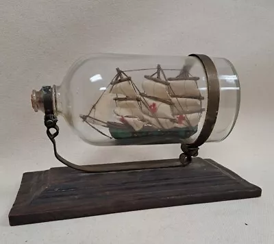 Vintage Ship In A Bottle On Wood Stand • $39.95