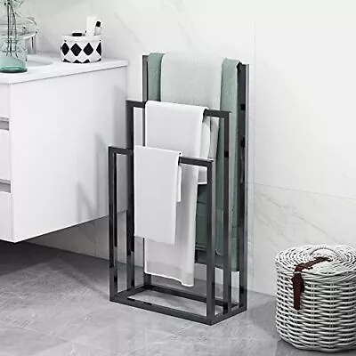 3 Tiers Black Metal Towel Rack Chrome Tall Industrial Modern Freestanding Tow... • $58.43