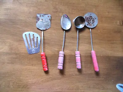 Lot 4 Vintage Children's Kitchen Metal Cooking Utensils W/ Red Wooden Handles • $3