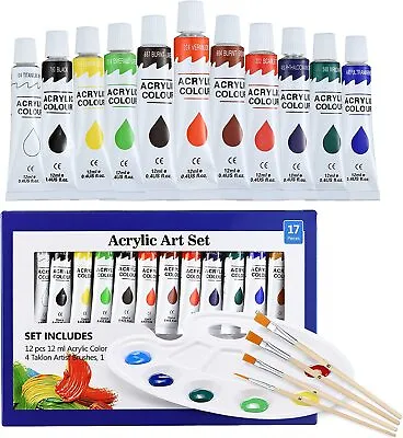 17pcs Acrylic Paint Set Tube 12 X 12ml 4 Brushes Palette For Canvas Wood Ceramic • £6.95