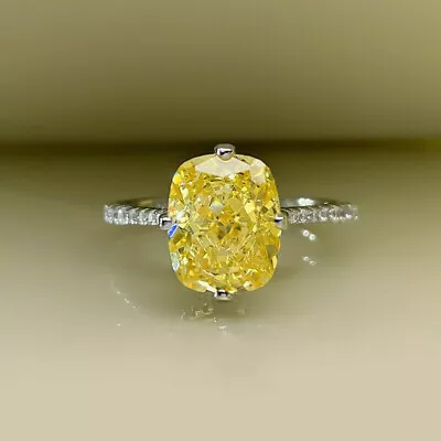 Canary Yellow Cushion 3 Ct Diamond Engagement Wedding Ring 14k White Gold Over • £97