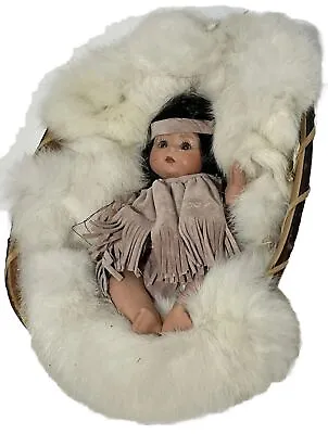 Vtg. Native American Birch Bark Basket Filled With Rabbit Fur And Porcelain Baby • $38.99