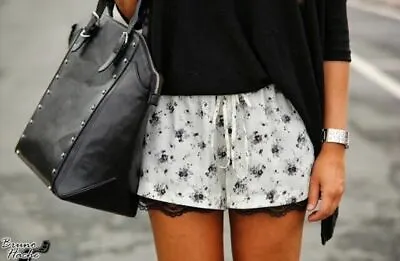 £19.12 • Buy Stunning! ZARA Floral Print Shorts Black With Lace Trim Short Size L