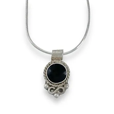Vintage Mexico Sterling Silver 925 Scrollwork Black Onyx Pendant Necklace 20  • $40