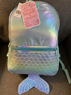 Girls Mermaid Tail Iridescent Rainbow Backpack & Lunch Bag Set • $16