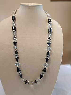 Vintage Signed MIRIAM HASKELL Art Deco Black Lucite Clear Crystal Bead Necklace • $75