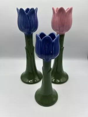 Vtg Henriksen Imports Pink & Blue Tulip Candle Stick Holders Set Of 3 Spring • $27