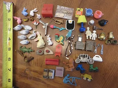 Vintage Dollhouse Miniatures Lot Of 56 Pieces Furniture Dolls Metal Train Dishes • $9.99