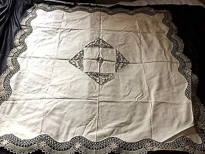 Vintage Unbleached Linen & Lace Tablecloth ~ 48  X 48  • £17.50