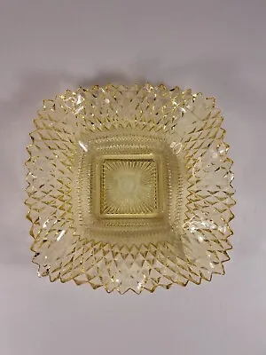 Vintage Indiana Glass Diamond Point Ruffle Edge Square Nut Candy Dish Yellow • $24.31