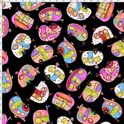 Loralie Harris Happy Camper Tipsy Trailers Toss Black Cotton Fabric By The Yard • $10.98