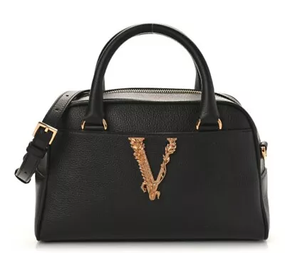 Authentic New Versace Virtus Grained Calfskin Leather Bowling Bag Black $1675 • $699.99